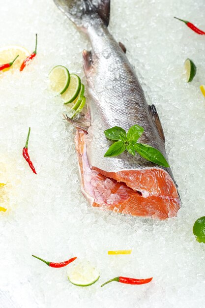 Foto pesce intero rosso fresco, giace sul ghiaccio, senza testa, fette di limone e lime sono tagliate a fette rotonde