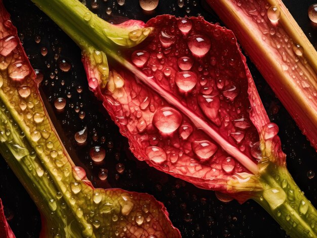 Fresh rhubarb with water drops Close up Full frame background top view