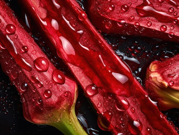 Fresh rhubarb with water drops Close up Full frame background top view