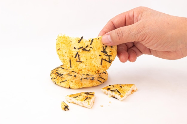 Fresh rice crackers on a pure white background