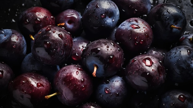 Fresh ripe acai berries with water drops background Berries backdrop Generative AI