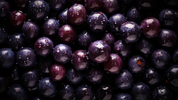 Fresh ripe acai berries with water drops background Berries backdrop Generative AI