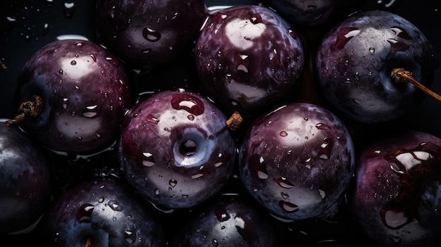 Fresh ripe acai berries with water drops background Berries backdrop Generative AI