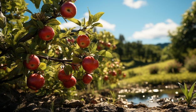 Fresh, ripe apples grow on green trees in the orchard generated by ai