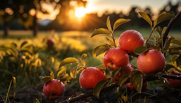 Fresh ripe apples on a tree in a green orchard generated by artificial intelligence