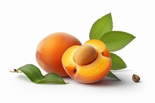 Fresh ripe apricots with leaves isolated on a white background