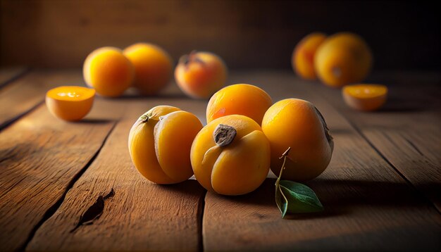 Fresh ripe apricots on a wooden background Selective focusgenerative ai