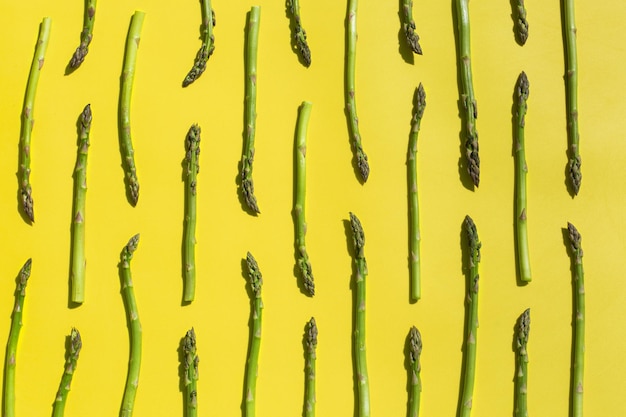 Fresh ripe asparagus with sunny, vivid, hard light and shadows. Creative pop art design concept. Trendy copy space illuminating yellow background