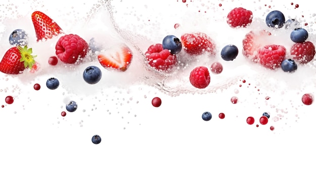 Fresh ripe berries strawberry blueberry raspberry with splashes of water