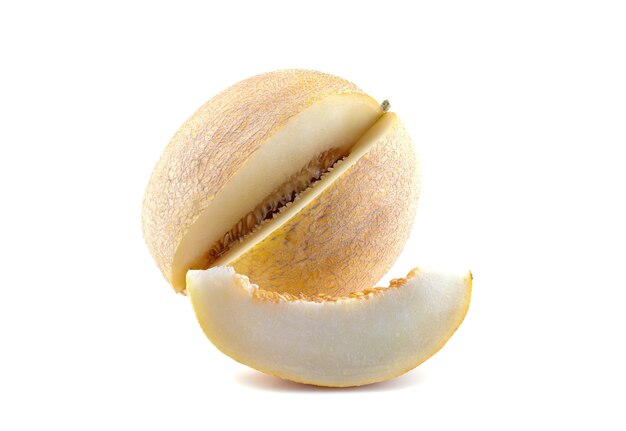 Fresh ripe big melon and a slice of melon on a white isolated background. Fruit. close-up