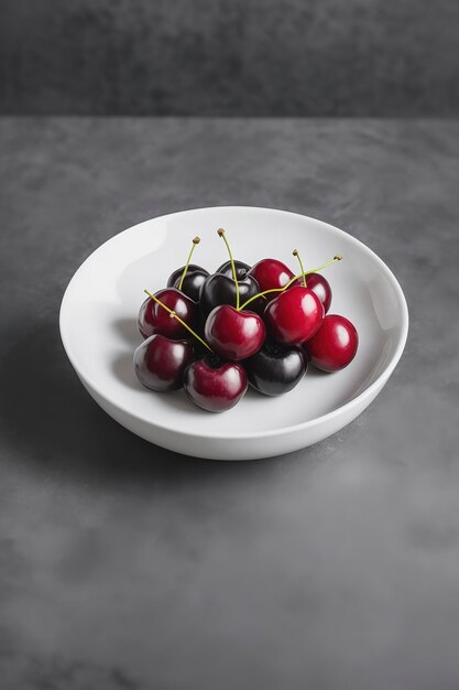 Fresh ripe black cherries in bowl on light gray stone background concept of healthy eating and summer vegan food Closeup selective focus