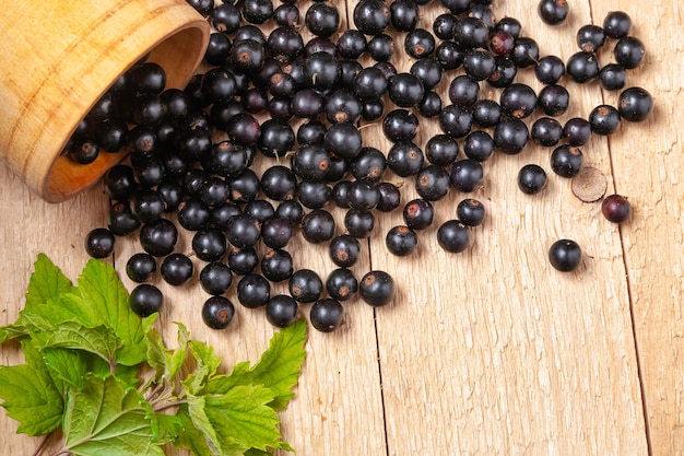 Fresh ripe black currants heap on wooden background. Natural organic berries with green leaves scattered on weathered wooden table, new berry harvest. Top view