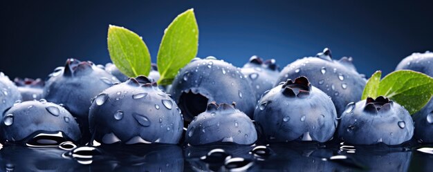 Fresh ripe blueberries covered with fresh watherdrops with green leaves panorama generative ai