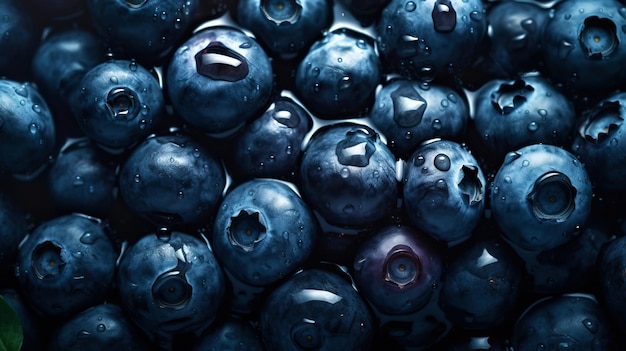 Fresh ripe blueberries with water drops background Berries backdrop Generative AI