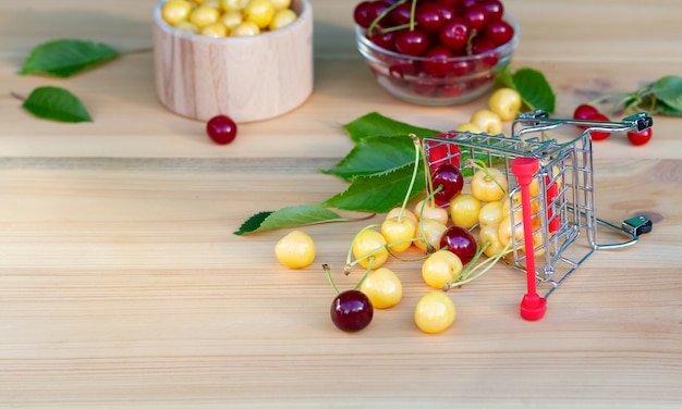 Fresh ripe cherries in shopping cart , concept of buying fruits and berries.