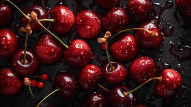 Fresh ripe cherries with water drops background Berries backdrop Generative AI