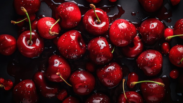 Fresh ripe cherries with water drops background Berries backdrop Generative AI