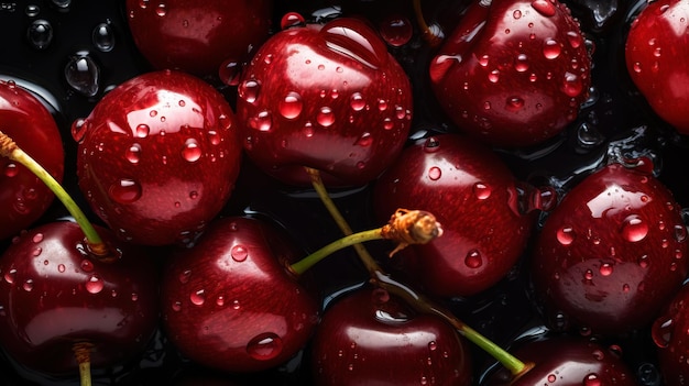 Fresh ripe cherries with water drops background Berries backdrop Generative AI