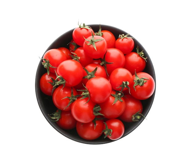 Fresh ripe cherry tomatoes in bowl on white background top view