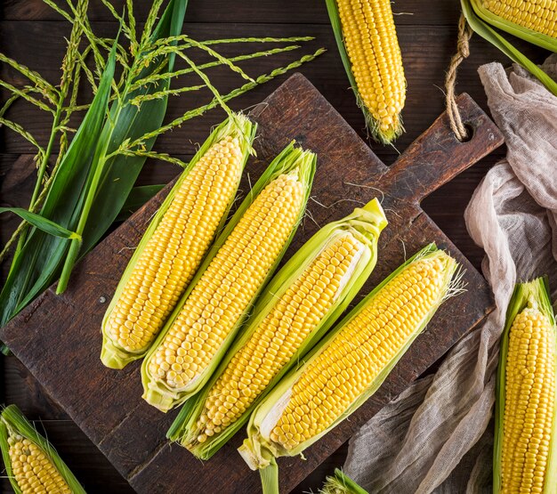 Fresh ripe corn cobs on a brown wooden board