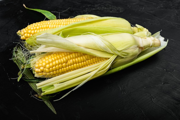 Fresh ripe corn cobs set, on black background