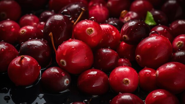 Fresh ripe cranberries with water drops background Berries backdrop Generative AI