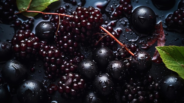 Fresh ripe elderberry with water drops background Berries backdrop Generative AI