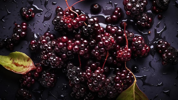 Fresh ripe elderberry with water drops background Berries backdrop Generative AI