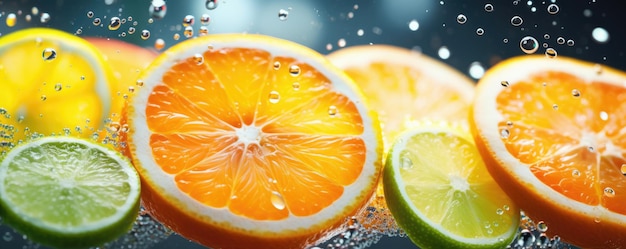 Photo fresh ripe flowing citrus fruit halfed and cut healthy food concept panorama generative ai