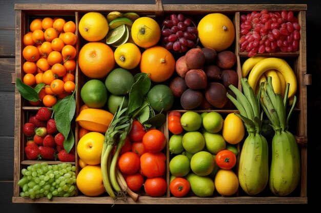 Fresh ripe fruits in a wooden box Fruits in basket