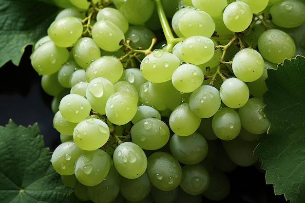 Fresh ripe grapes bunch on the tree waterdrop wet raw food photography