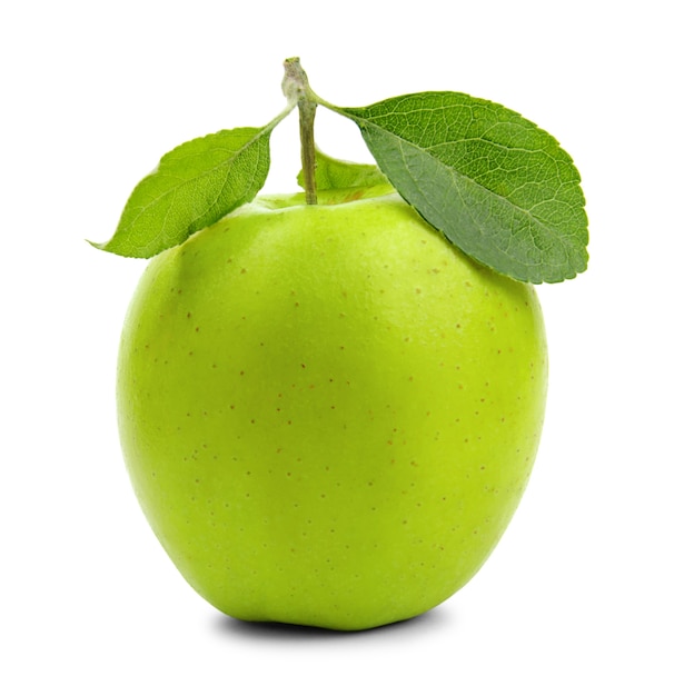 Fresh ripe green apple with leaves isolated on white