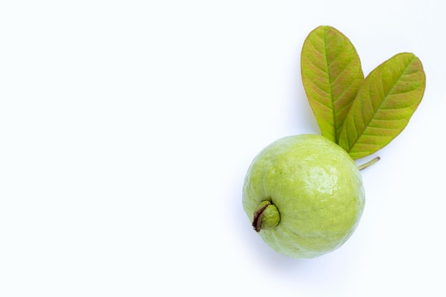 Fresh ripe guava and slices with leaves Top view