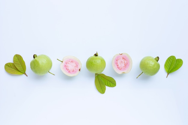 Fresh ripe guava and slices with leaves