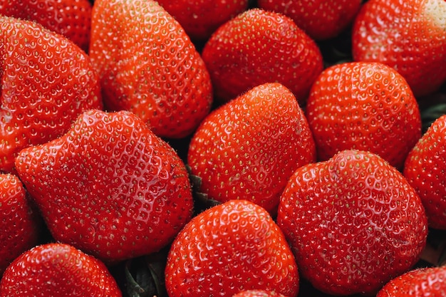 Fresh ripe harvested strawberries in box closeup