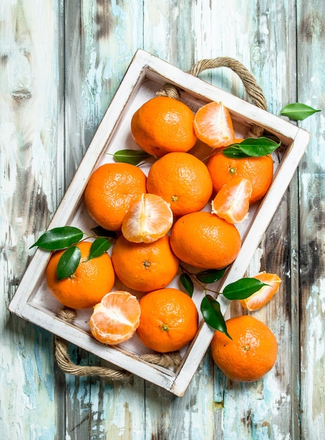 Fresh ripe mandarins with leaves in tray