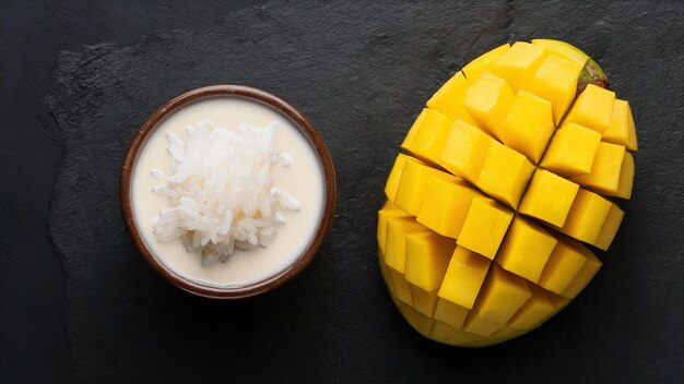 Fresh ripe mango and sticky rice with coconut milk on dark surface