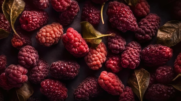 Fresh ripe mulberry with water drops background Berries backdrop Generative AI