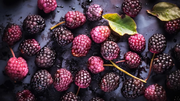 Fresh ripe mulberry with water drops background Berries backdrop Generative AI