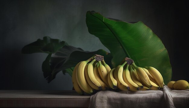나무 테이블 위에 신선한 익은 유기농 바나나 인공지능에 의해 생성 된 건강한 간식