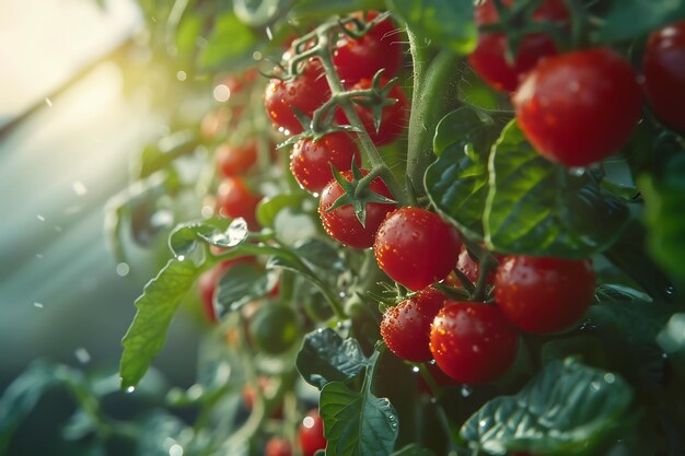 Foto tomati freschi e maturi biologici che crescono nella serra generativa ai