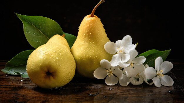 Fresh ripe organic yellow pears with water drops on rustic wooden board