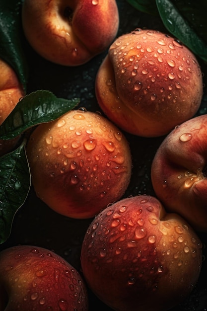 Fresh and ripe peaches fruit with water drops on dark background ai generative