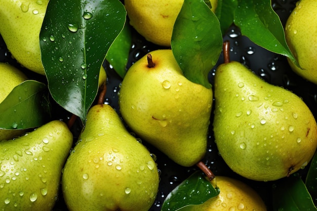 Fresh ripe pears with water drops background Fruits backdrop