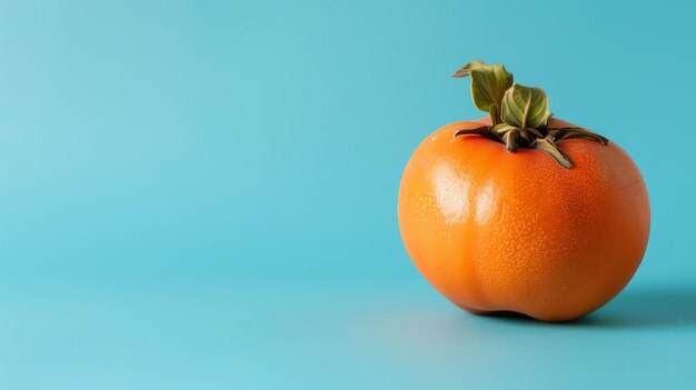 Fresh and ripe persimmon fruit with green leaves isolated on blue background