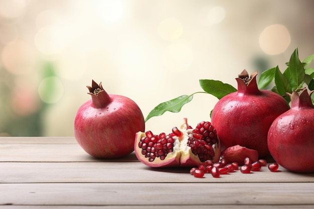 Fresh ripe pomegranate with green leafs on white wooden background