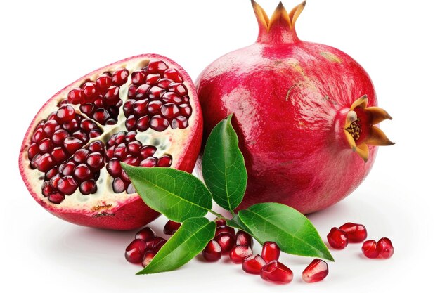 Fresh ripe pomegranate with green leaves isolated on white background High resolution image