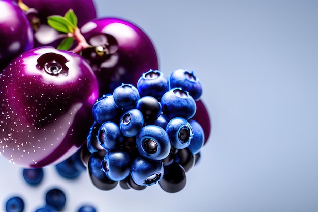 写真 白い背景の上のグラスに入った新鮮な熟した紫色のブルーベリーグラスに入った新鮮な熟した紫色のブルーベリー