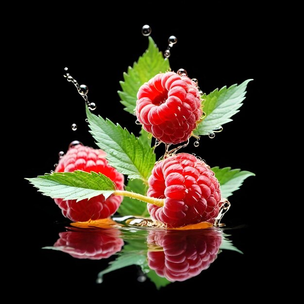 Photo fresh ripe raspberries with leaves in clear water splashing and drops with mirrow