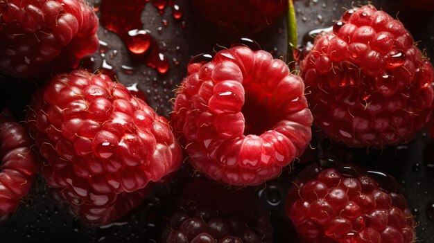 Fresh ripe raspberry with water drops background Berries backdrop Generative AI